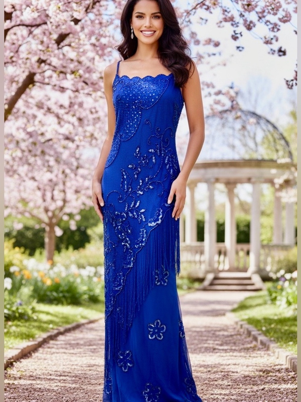 Royal Blue hand beaded stretch, lace Sequin Spaghetti Strap Dress w/ fringe